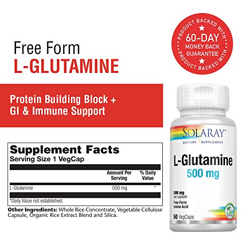 Solaray L-Glutamine 500mg | Recuperación muscular saludable, apoyo gastrointestinal e inmunológico | Sin Gluten | Apto Para Veganos | 50 VegCaps