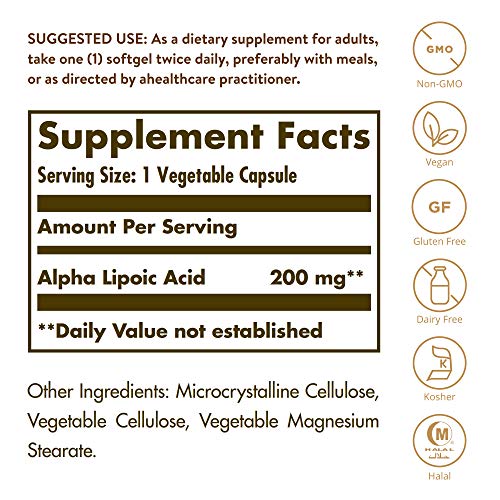 Solgar - Ácido Alfa-Lipoico Cápsulas Vegetales de 200 mg - Envase de 50 Solgar - Ácido Alfa-Lipoico Cápsulas Vegetales de 200 mg - Envase de 50