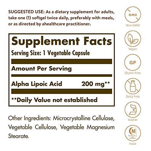 Solgar - Ácido Alfa-Lipoico Cápsulas Vegetales de 200 mg - Envase de 50