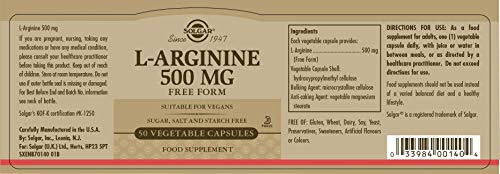 Solgar L-Arginina Cápsulas vegetales de 500 mg - Envase de 50