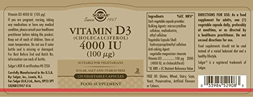Solgar Vitamina D3 (Colecalciferol) 4000 UI (100 µg) Cápsulas vegetales - Envase de 120