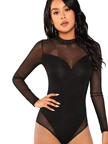 SOLY HUX Mujeres Sexy Manga Larga Delgado Body Leotardo Bodycon Malla Jumper Mono