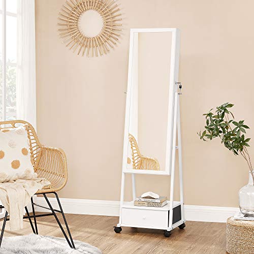 SONGMICS Armario Joyero, Armario para Joyas, Espejo Joyero, Espejo Completo, con Cierre, Cajón Inferior, Estante, Ruedas, Idea de Regalo, Blanco JJC004W02 SONGMICS Armario Joyero, Armario para Joyas, Espejo Joyero, Espejo Completo, con Cierre, Cajón Inferior, Estante, Ruedas, Idea de Regalo, Blanco JJC004W02