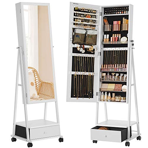 SONGMICS Armario Joyero, Armario para Joyas, Espejo Joyero, Espejo Completo, con Cierre, Cajón Inferior, Estante, Ruedas, Idea de Regalo, Blanco JJC004W02 SONGMICS Armario Joyero, Armario para Joyas, Espejo Joyero, Espejo Completo, con Cierre, Cajón Inferior, Estante, Ruedas, Idea de Regalo, Blanco JJC004W02