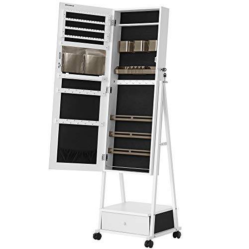 SONGMICS Armario Joyero, Armario para Joyas, Espejo Joyero, Espejo Completo, con Cierre, Cajón Inferior, Estante, Ruedas, Idea de Regalo, Blanco JJC004W02 SONGMICS Armario Joyero, Armario para Joyas, Espejo Joyero, Espejo Completo, con Cierre, Cajón Inferior, Estante, Ruedas, Idea de Regalo, Blanco JJC004W02