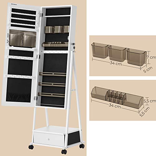 SONGMICS Armario Joyero, Armario para Joyas, Espejo Joyero, Espejo Completo, con Cierre, Cajón Inferior, Estante, Ruedas, Idea de Regalo, Blanco JJC004W02 SONGMICS Armario Joyero, Armario para Joyas, Espejo Joyero, Espejo Completo, con Cierre, Cajón Inferior, Estante, Ruedas, Idea de Regalo, Blanco JJC004W02