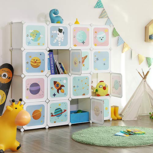 SONGMICS Armario Modular Infantil de 16 Cubos, Organizador Modular para Niños, Estantes de Cubo de Plástico, con Puertas, para Ropa, Zapatos, Juguetes, 123 x 31 x 123 cm, Blanco LPC902W