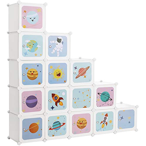 SONGMICS Armario Modular Infantil de 16 Cubos, Organizador Modular para Niños, Estantes de Cubo de Plástico, con Puertas, para Ropa, Zapatos, Juguetes, 123 x 31 x 123 cm, Blanco LPC902W