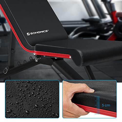 SONGMICS Banco de pesas ajustable y plegable, Banco musculación, Asiento y respaldo inclinables, no requiere montaje, con 1 almohada, ejercicios con mancuernas, Negro y Rojo SWB803R01