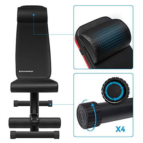 SONGMICS Banco de pesas ajustable y plegable, Banco musculación, Asiento y respaldo inclinables, no requiere montaje, con 1 almohada, ejercicios con mancuernas, Negro y Rojo SWB803R01