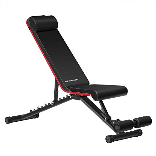 SONGMICS Banco de pesas ajustable y plegable, Banco musculación, Asiento y respaldo inclinables, no requiere montaje, con 1 almohada, ejercicios con mancuernas, Negro y Rojo SWB803R01