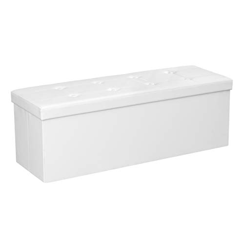 Songmics Baúl Puff - Taburete para almacenaje, Plegable Carga máxima de 300 kg, Blanco, 110 x 38 x 38 cm