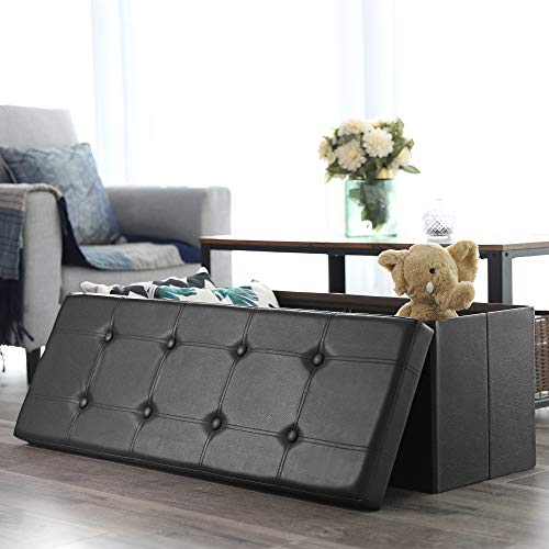 Songmics Baúl Puff - Taburete para almacenaje, Plegable Carga máxima de 300 kg, Negro, 110 x 38 x 38 cm