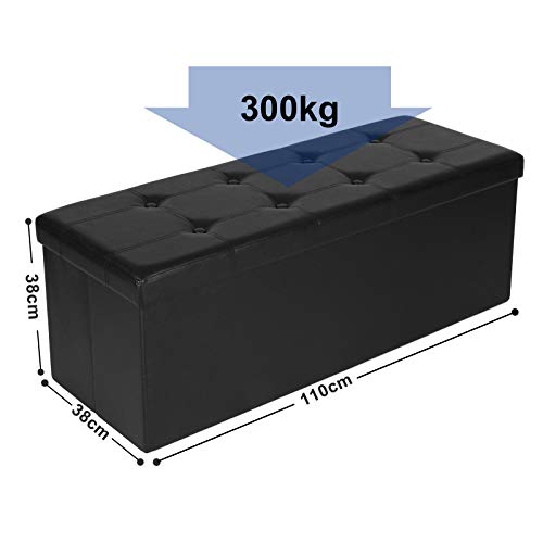 Songmics Baúl Puff - Taburete para almacenaje, Plegable Carga máxima de 300 kg, Negro, 110 x 38 x 38 cm