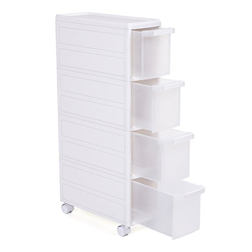 SONGMICS Carrito Estrecho con Ruedas, Estantería de Almacenamiento con Cajones, 4 Niveles Utilizables por Separado, Plástico PP, Blanco, 18 x 46 x 84,5 cm (Anchura x Profundiad x Altura) KFR05W