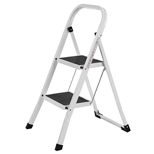 SONGMICS Escalerilla, Escalera Plegable Robusto 2 peldaños Hasta 150 kg, con Apoyabrazos Altura de trabajo 240 cm, certificado por TÜV Rheinland de acuerdo con el estándar EN14183 GSL12WT