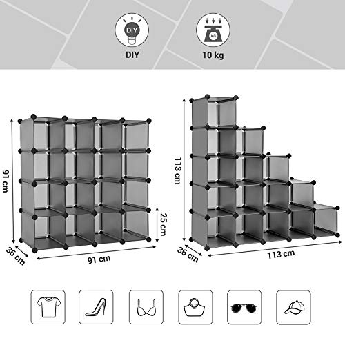 SONGMICS Estanteríapara Zapatos de 15 Rectángulos, Organizador de Almacenamiento de Bricolaje, Unidad Entrelazada, para Bolsas de Ropa Juguetes, 22 x 35 x 22 cm Cada Ranura, Gris LPC44G