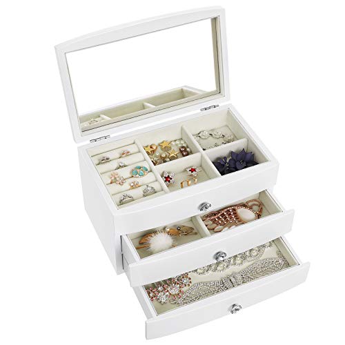 Songmics JOW03WT - Joyero de 3 niveles con espejo interior grande, botones de cristal, color blanco Songmics JOW03WT - Joyero de 3 niveles con espejo interior grande, botones de cristal, color blanco