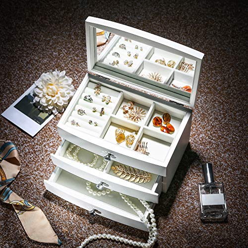 Songmics JOW03WT - Joyero de 3 niveles con espejo interior grande, botones de cristal, color blanco Songmics JOW03WT - Joyero de 3 niveles con espejo interior grande, botones de cristal, color blanco