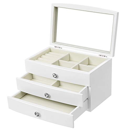 Songmics JOW03WT - Joyero de 3 niveles con espejo interior grande, botones de cristal, color blanco Songmics JOW03WT - Joyero de 3 niveles con espejo interior grande, botones de cristal, color blanco