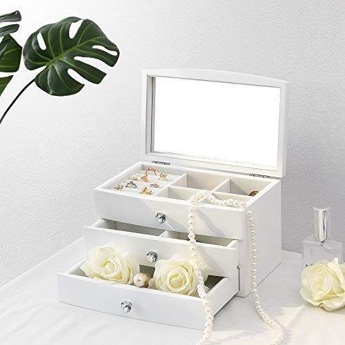 Songmics JOW03WT - Joyero de 3 niveles con espejo interior grande, botones de cristal, color blanco Songmics JOW03WT - Joyero de 3 niveles con espejo interior grande, botones de cristal, color blanco