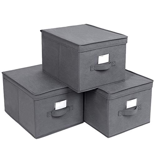 SONGMICS Juego de 3 Cajas Plegables de Alcon Tapas, Cubos de Tela con Portaetiquetas, 40 x 30 x 25 cm, Gris RFB03G