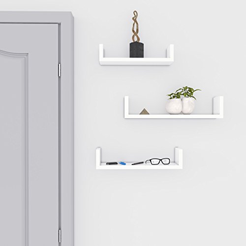 SONGMICS Juego de 3 Estantes murales Modernos, Estantes flotantes de Pared, Estantes de Almacenamiento de MDF, Laca Brillante, Montaje Oculto, Blanco, LWS40WT