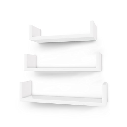 SONGMICS Juego de 3 Estantes murales Modernos, Estantes flotantes de Pared, Estantes de Almacenamiento de MDF, Laca Brillante, Montaje Oculto, Blanco, LWS40WT