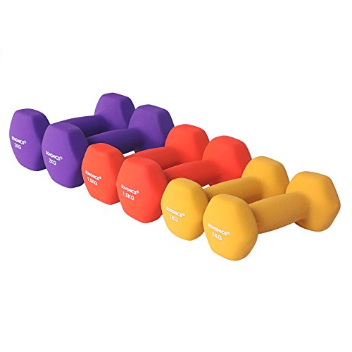 SONGMICS Juego de 6 Mancuernas, 3 Pares de 1 kg, 1,5 kg y 2 kg, con Soporte, Varios Pesos y Colores para Gimnasio y Entrenamiento en Casa, Resistentes al Sudor y a la Humedad, Mate SYL69BK