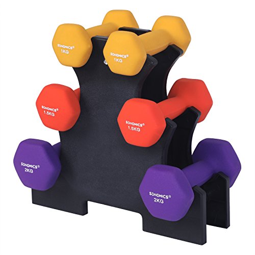 SONGMICS Juego de 6 Mancuernas, 3 Pares de 1 kg, 1,5 kg y 2 kg, con Soporte, Varios Pesos y Colores para Gimnasio y Entrenamiento en Casa, Resistentes al Sudor y a la Humedad, Mate SYL69BK