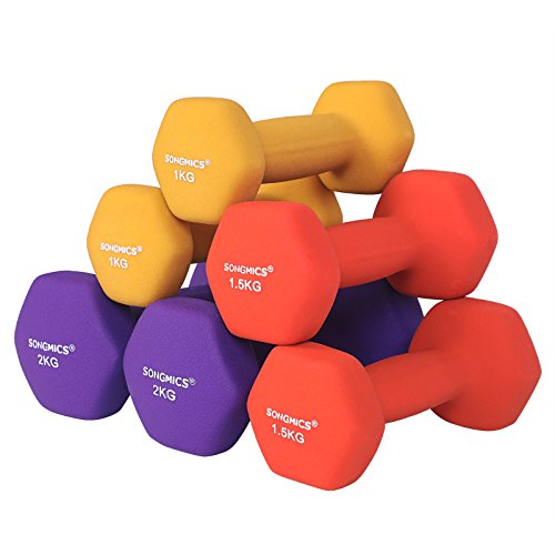 SONGMICS Juego de 6 Mancuernas, 3 Pares de 1 kg, 1,5 kg y 2 kg, con Soporte, Varios Pesos y Colores para Gimnasio y Entrenamiento en Casa, Resistentes al Sudor y a la Humedad, Mate SYL69BK