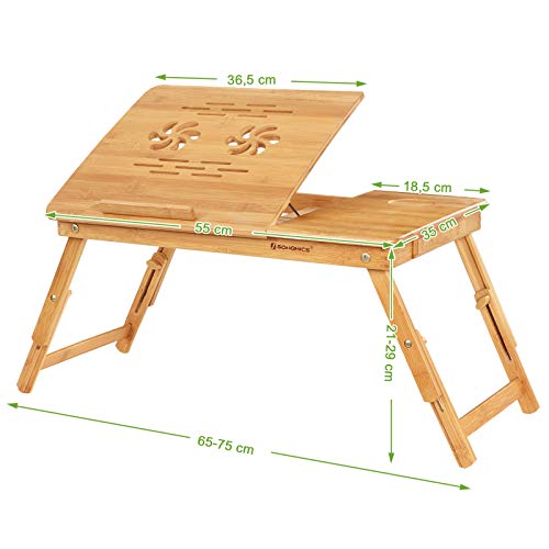 SONGMICS Laptop Desk, Adjustable Bamboo Bed Table and Breakfast Tray with 5 Tilting Angles, Cooling Holes and Drawer LLD001