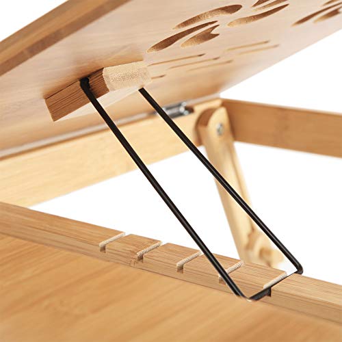 SONGMICS Laptop Desk, Adjustable Bamboo Bed Table and Breakfast Tray with 5 Tilting Angles, Cooling Holes and Drawer LLD001