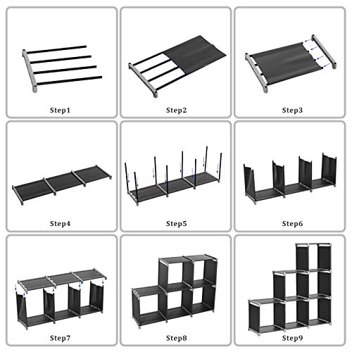 SONGMICS Librería de 6 Cubos, Estantería de Escalera de Tela, Armario de Almacenamiento, Montaje Bricolaje, para Salón, Dormitorio, Estudio, para Juguetes y Libros, Separador, Negro LSN63H