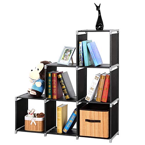 SONGMICS Librería de 6 Cubos, Estantería de Escalera de Tela, Armario de Almacenamiento, Montaje Bricolaje, para Salón, Dormitorio, Estudio, para Juguetes y Libros, Separador, Negro LSN63H