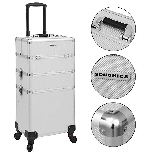 SONGMICS Maletín de Cosméticos, Carro para Maquillaje, Multiuso, 3 en 1, Tipo Trolley, Bloqueable con Ruedas Universales de 360 Grados, Plata JHZ01S