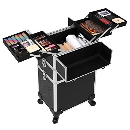 SONGMICS Maletín de Cosméticos, Organizador para Maquillaje, Multiuso, Tipo Trolley, con 4 Ruedas, Negro JHZ01B