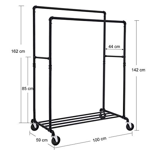 SONGMICS Perchero Móvil con Ruedas, Capacidad de Carga de 110 kg, Colgador Metálico con Doble Barra de Suspensión, Perchero Burro Industrial con Estante de Almecenamiento, Negro HSR60B