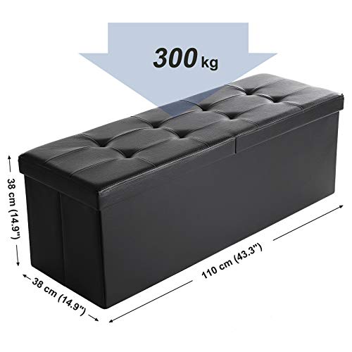 SONGMICS Puff Baúl Plegable, Taburete de Almacenamiento, Asiento para Calzarse, Capacidad de 120 L, Carga Máxima de 300 kg, Negro, 110 x 38 x 38 cm LSF75BK