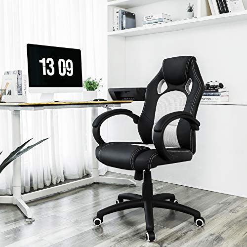 SONGMICS Racing Silla de Escritorio de Oficina Ergonómica Regulable con Ruedas, OBG56BW, Blanco SONGMICS Racing Silla de Escritorio de Oficina Ergonómica Regulable con Ruedas, OBG56BW, Blanco