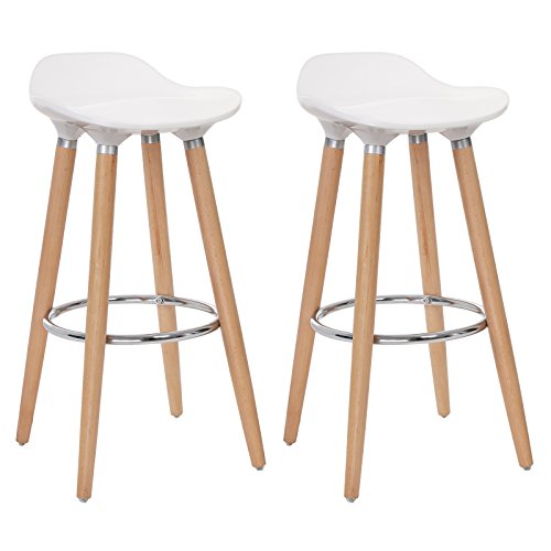 SONGMICS Set de 2 Taburetes de Bar con Patas de Madera de Haya Asiento de Plástico ABS Altura de 73 cm para Bar Cocina Comedor Bistro LJB20W