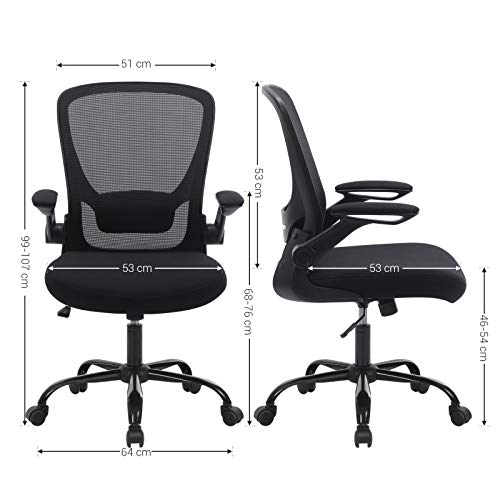 SONGMICS Silla de Oficina con Reposabrazos Abatible, Silla de Escritorio Giratorio 360°, Apoyo Lumbar Ajustable, Ahorro de Espacio, Negro OBN37BK