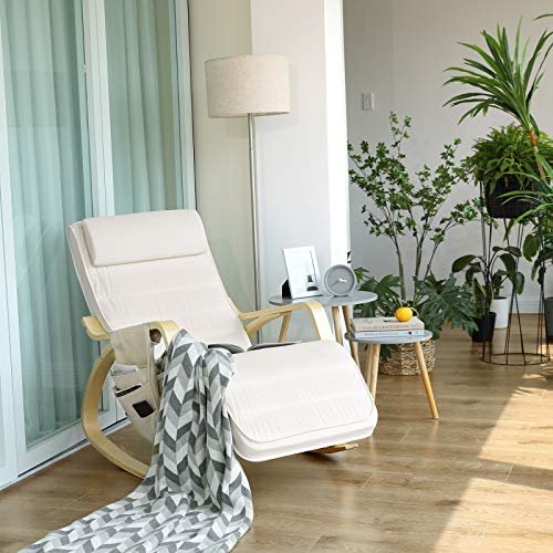 SONGMICS Silla Mecedora de Madera de Abedul, Sillón Tumbona con Reposapiés Regulable, Ideal para Salón, Oficina, Terraza, Antideslizante, Fácil Montaje, Beige LYY01MV1