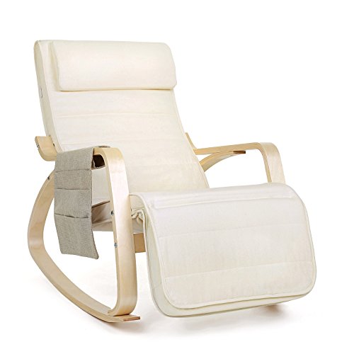 SONGMICS Silla Mecedora de Madera de Abedul, Sillón Tumbona con Reposapiés Regulable, Ideal para Salón, Oficina, Terraza, Antideslizante, Fácil Montaje, Beige LYY01MV1