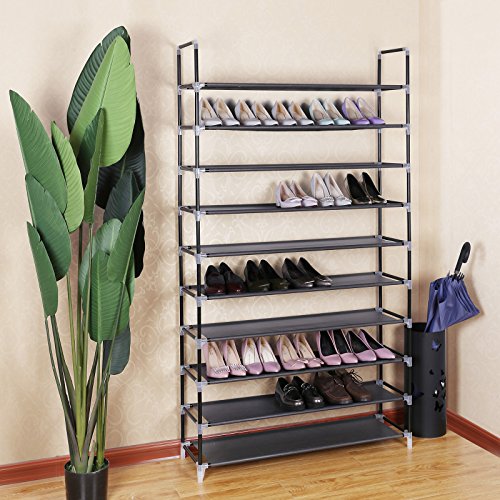 SONGMICS Zapatero de 10 Niveles Organizador, Capacidad para 50 Pares de Zapatos, para Salón, Guardarropa y Vestíbulo, 100 x 29 x 175 cm Negro LSR10H