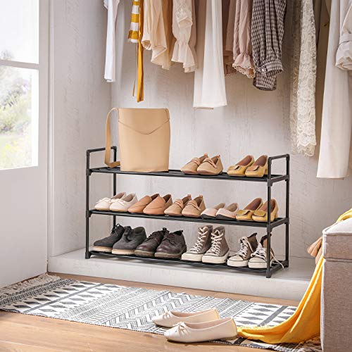 SONGMICS Zapatero Juego de 2, Organizador con 3 Estantes Metálicos para Zapatos, 24 a 30 Pares de Zapatos, Zapatero Apilables para Sala de Estar, Entrada, Pasillo, Armario, Negro LSA06BK