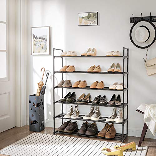 SONGMICS Zapatero Juego de 2, Organizador con 3 Estantes Metálicos para Zapatos, 24 a 30 Pares de Zapatos, Zapatero Apilables para Sala de Estar, Entrada, Pasillo, Armario, Negro LSA06BK