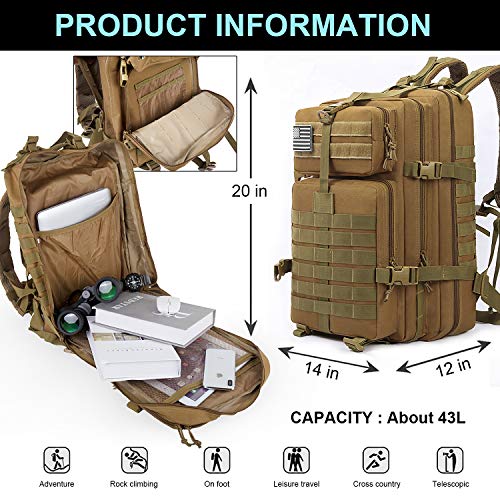 Songwin Mochila táctica Macuto de montañismo Militar,Impermeable y multifunción ejército Bolsa de Viaje,Mochila de Asalto para Excursionismo,Montañismo,Ciclismo,Trekking 43L. (Caqui)