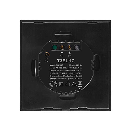 SONOFF T3EU1C Interruptor Mural para Control de Luces Inalámbrico por RF Wi-Fi Inteligente, Interruptor de Tipo 86 de 1 Canal para Soluciones de Automatización Domótica(1-way)