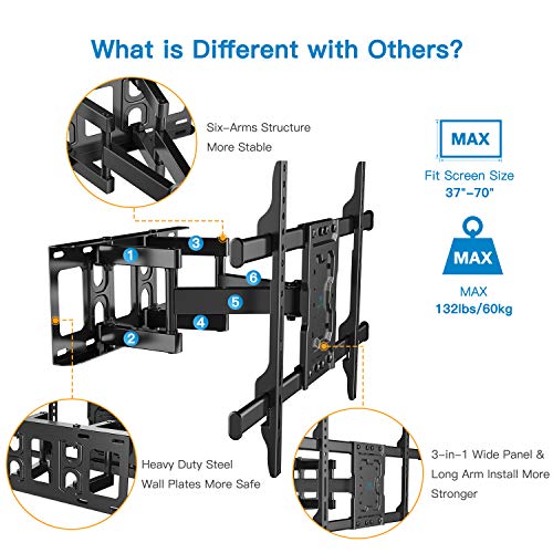 Soporte de TV Pared Articulado Inclinable Y Giratorio – Soporte De TV para Pantallas De 37-70” TV – MAX VESA 600x400mm, para Soportar 60kg…